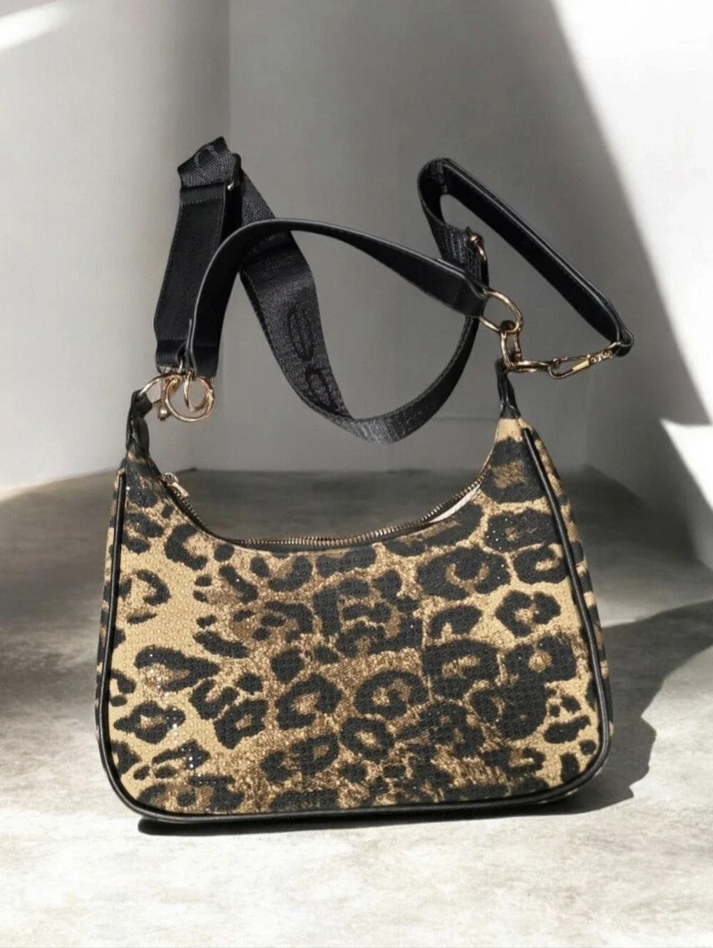 bebe Leopard-Pattern Shoulder Bag in Brown and Black with Gold Logo